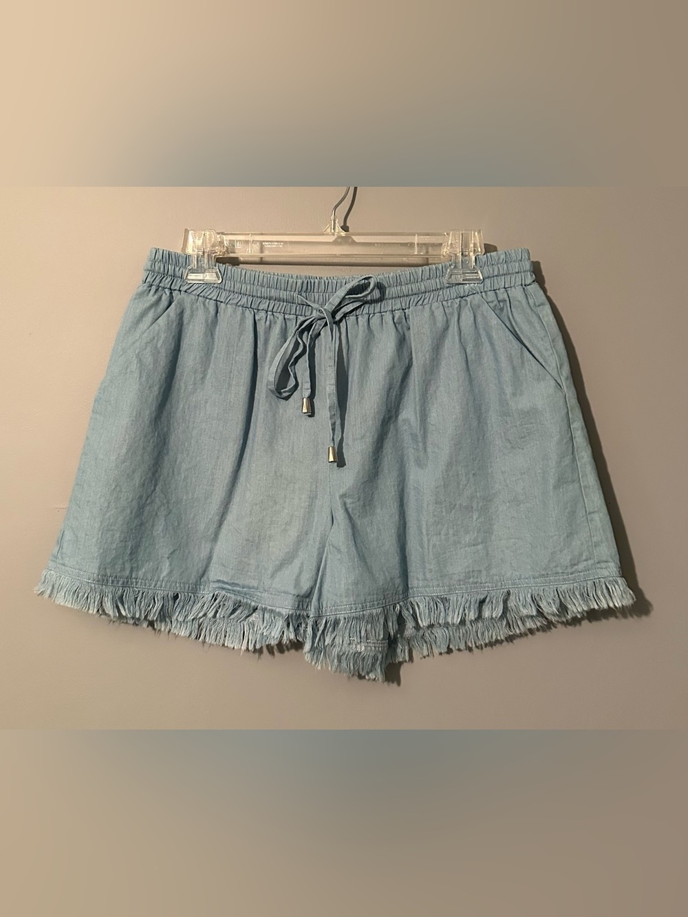 Joy Joy Light Blue Womens Elastic Waist Fringe Hem Shorts